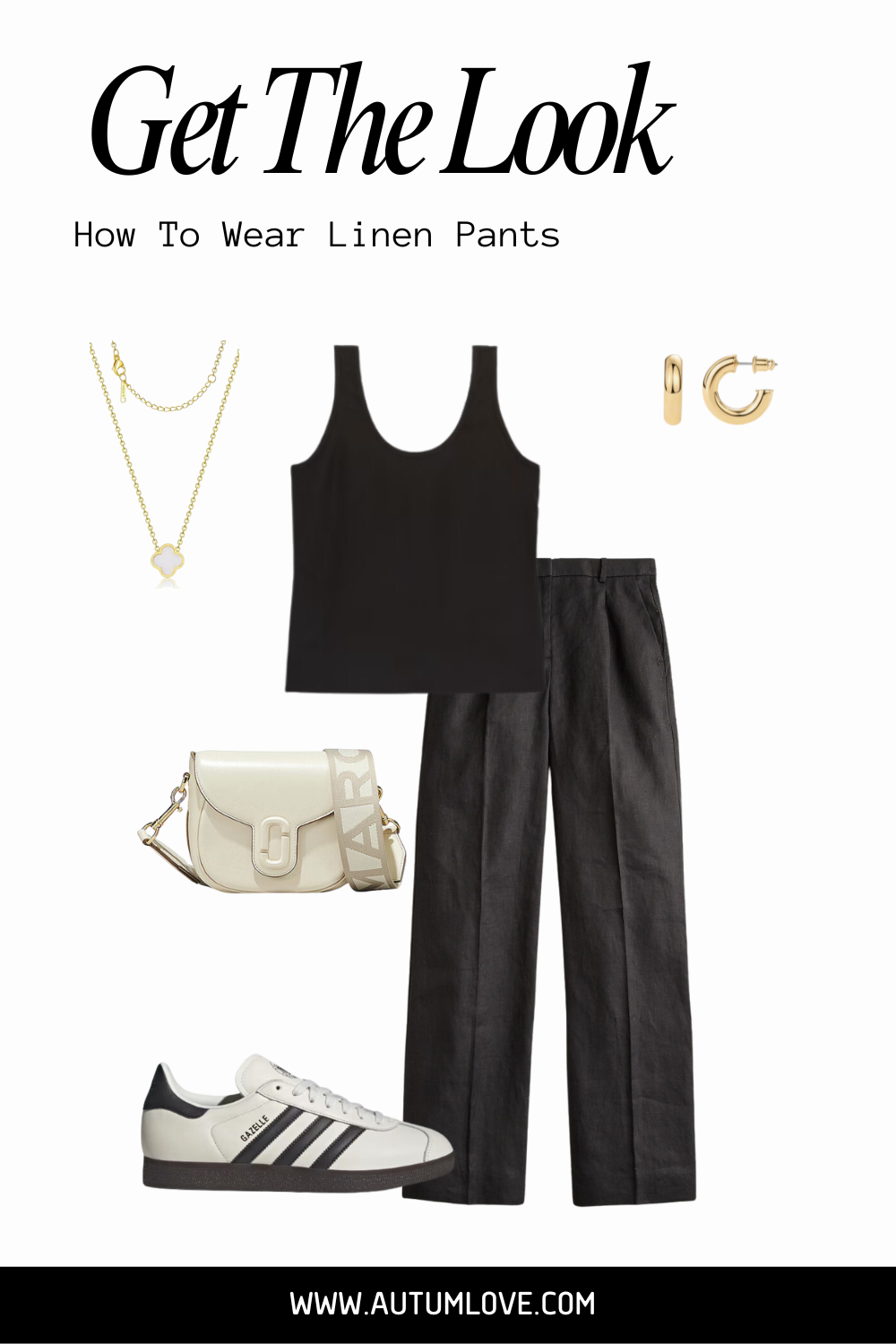 A minimalist summer outfit featuring high-waisted black linen pants, a white one-shoulder bodysuit, black platform sandals, and a straw tote bag.