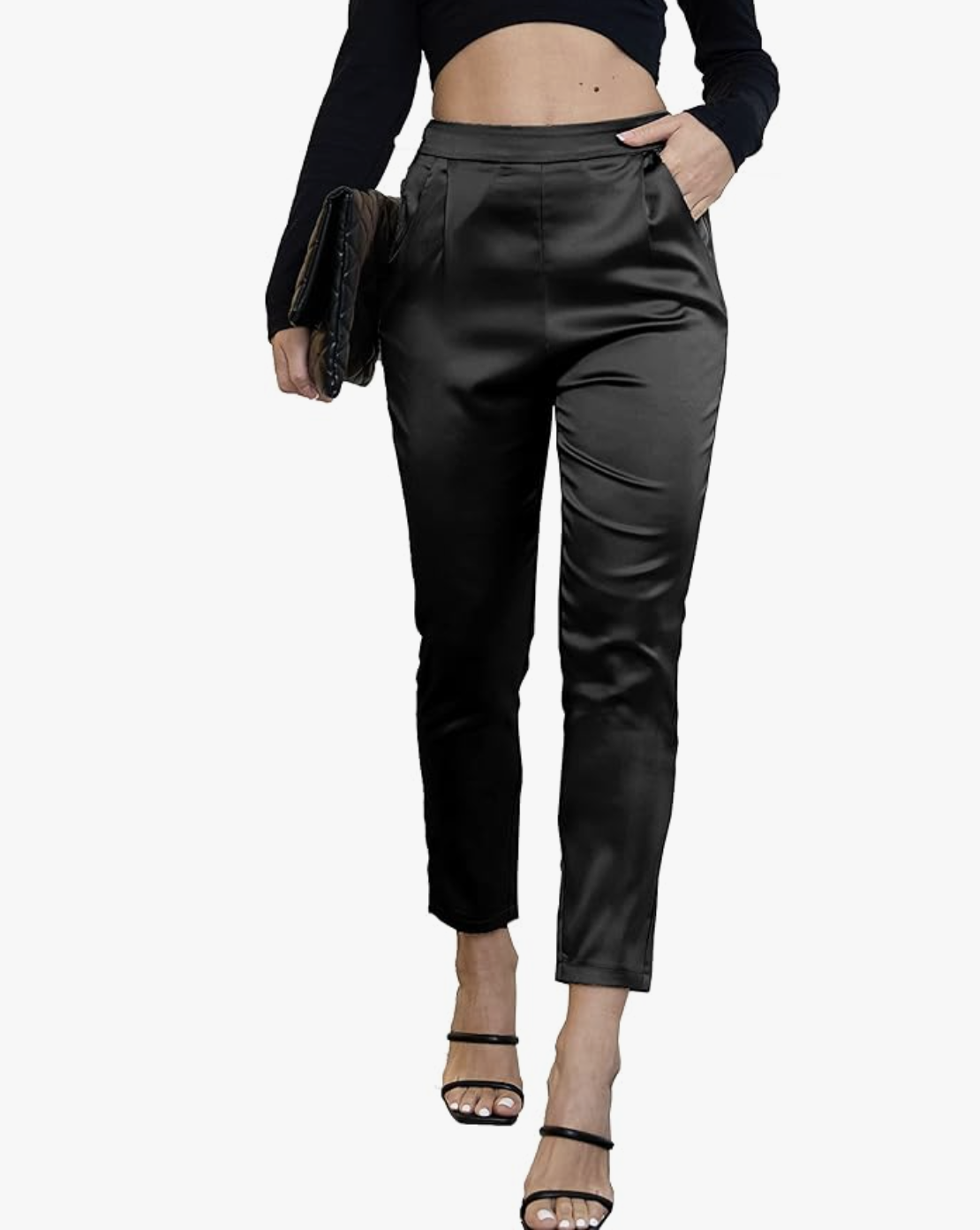A pair of black high-waisted satin pull on pants from Amazon, styled with a bodysuit to define the torso and create a smooth drape for a big belly.