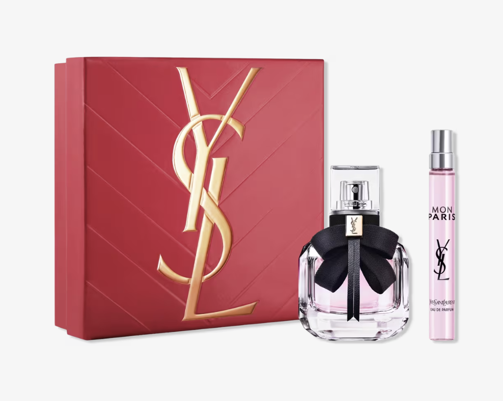 Yves Saint Laurent Mon Paris Eau de Parfum 2-Piece Travel Gift Set featuring a full-size bottle, a travel spray, and a red YSL branded gift box.