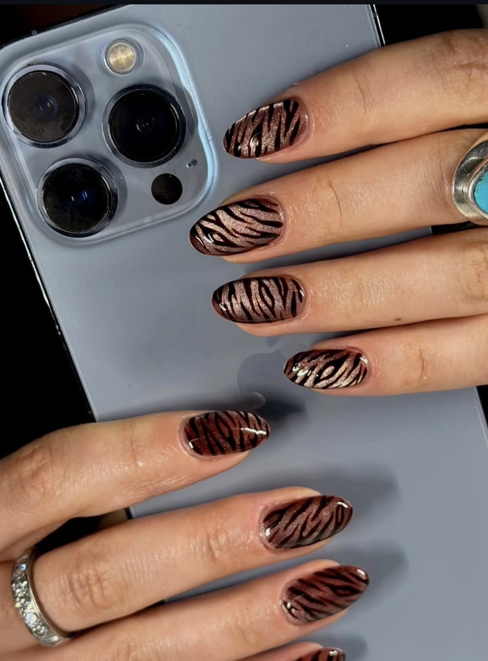 Minimalist leopard-print French tips in chocolate and camel tones.