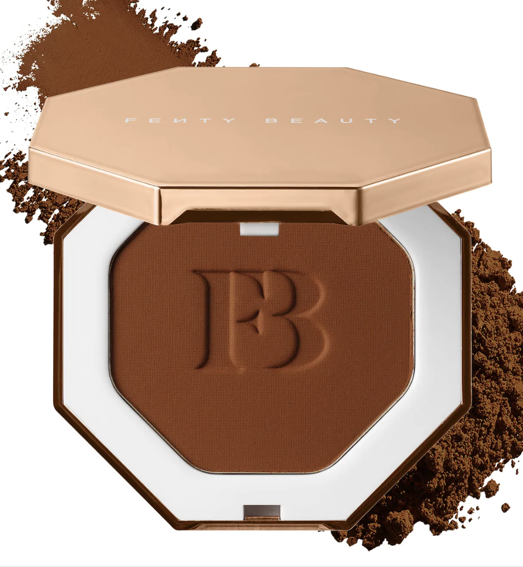 An open compact of Fenty Beauty Sun Stalk’r Instant Warmth Bronzer in a deep brown shade with a gold-toned lid, shown with a textured powder swatch in the background.
