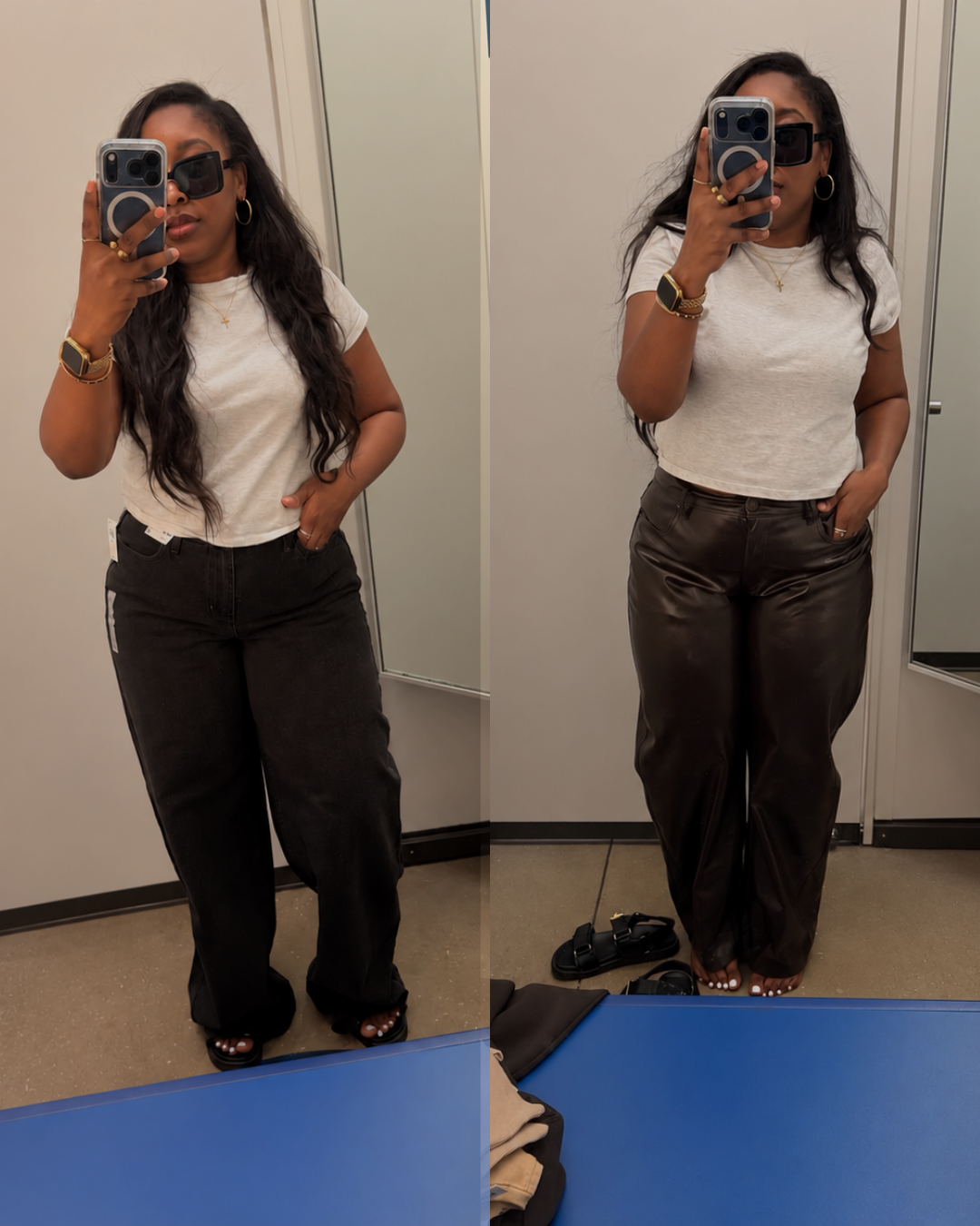 Two dressing room mirror photos: a white tee with black wide-leg baggy jeans, and a white tee with brown faux-leather pants, both from Old Navy's fall arrivals.