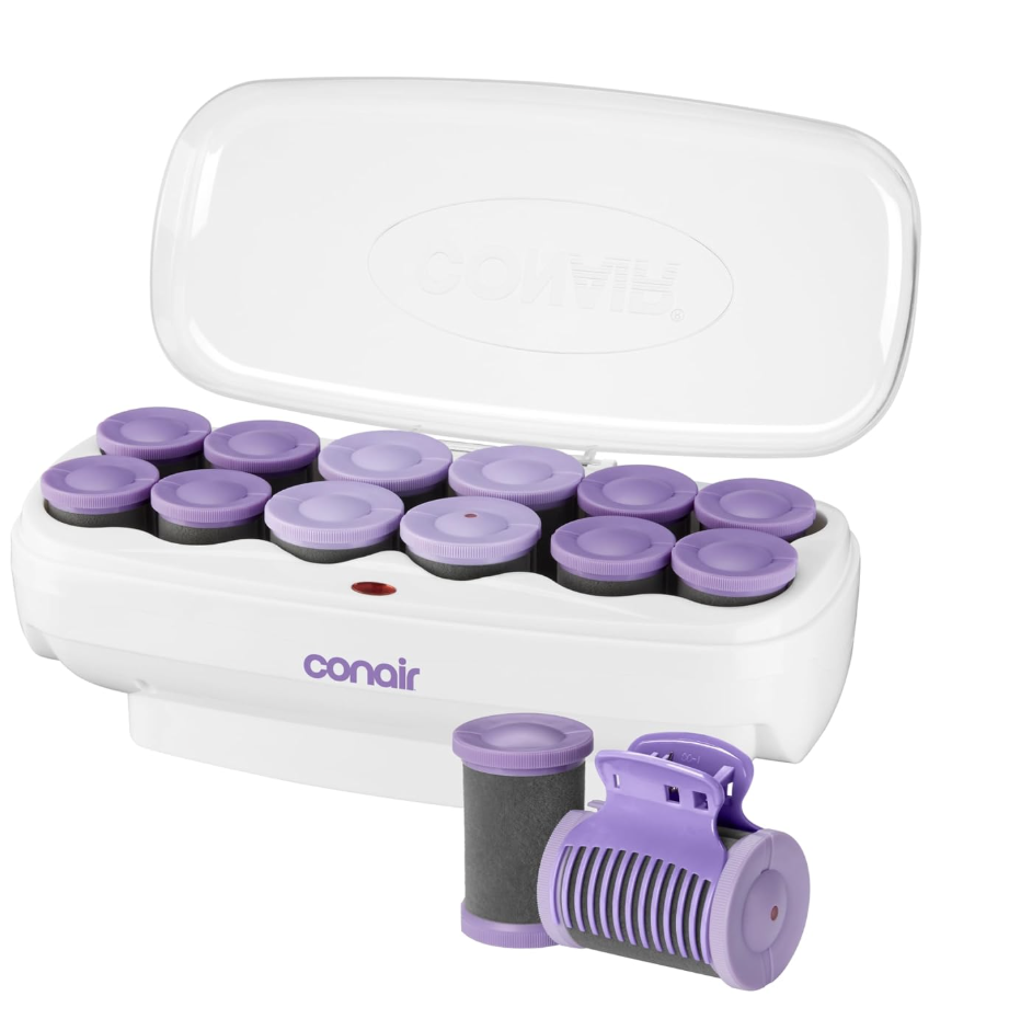 Conair jumbo hot roller set used to create soft volume and brushed-out curls.