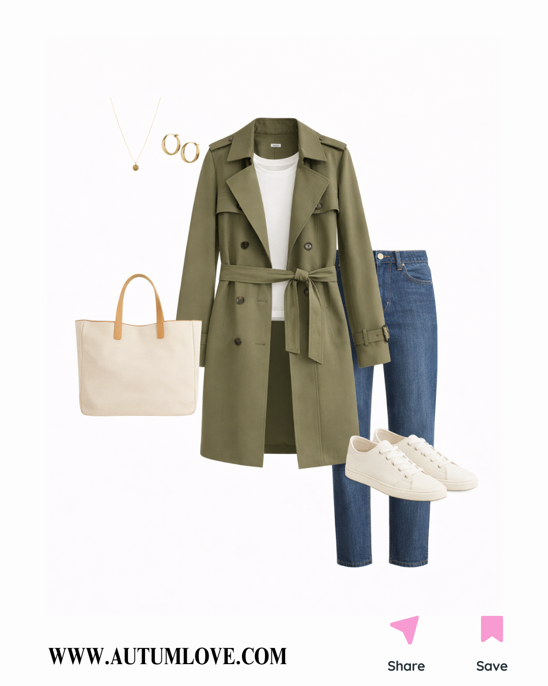"A classic style flat lay collage featuring an olive green trench coat layered over a white t-shirt and blue jeans, accessorized with a cream tote bag, white sneakers, and gold hoop earrings."