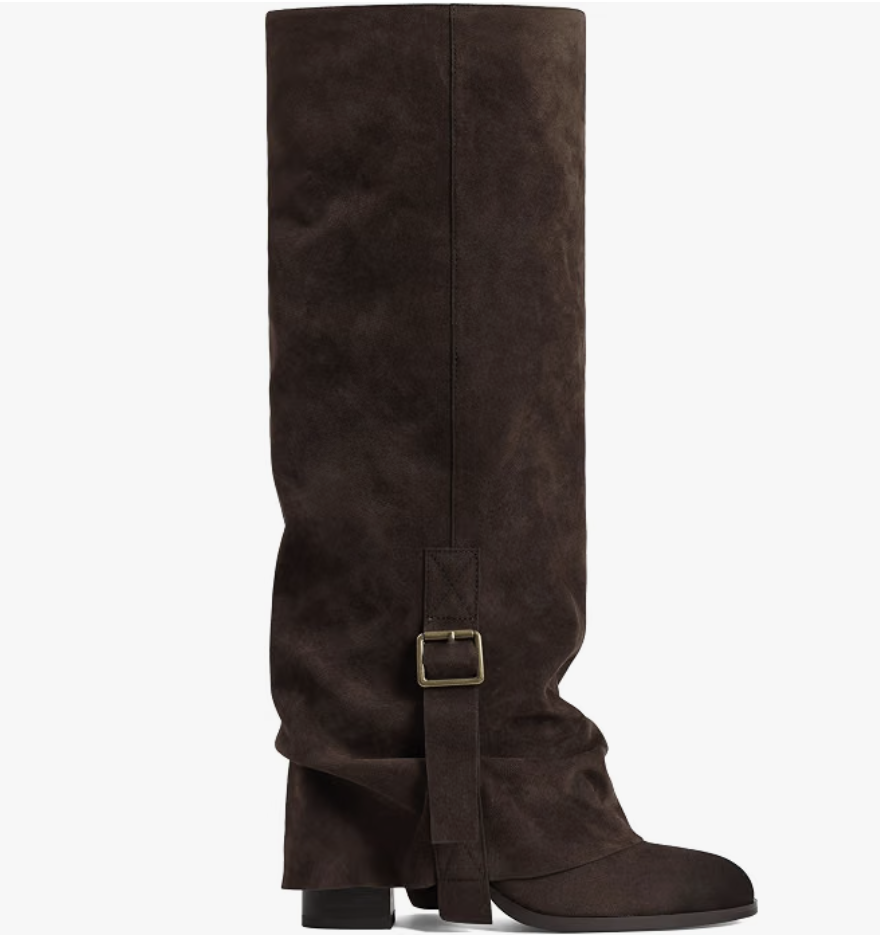 Slouchy fold-over suede boots styled with relaxed straight-leg jeans