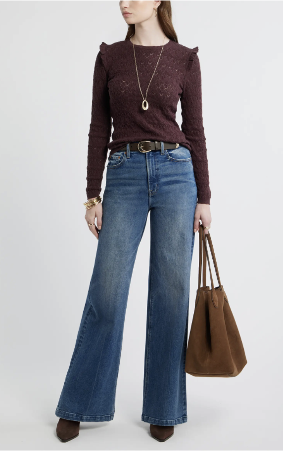 Halogen ruffle-trim pointelle short-sleeve sweater for fall