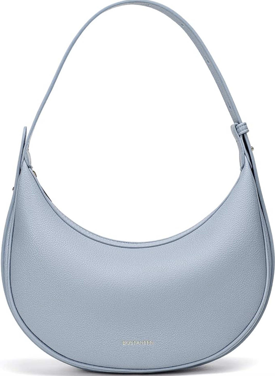 A light blue crescent-shaped hobo shoulder bag by BOSTANTEN with a smooth vegan leather texture and a sculptural curved silhouette.