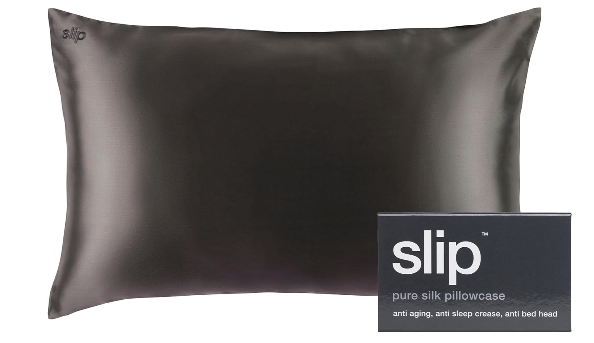 Slip Queen Pure Silk Envelope Pillowcase in charcoal grey, a luxury silk pillowcase for hair and skin health.