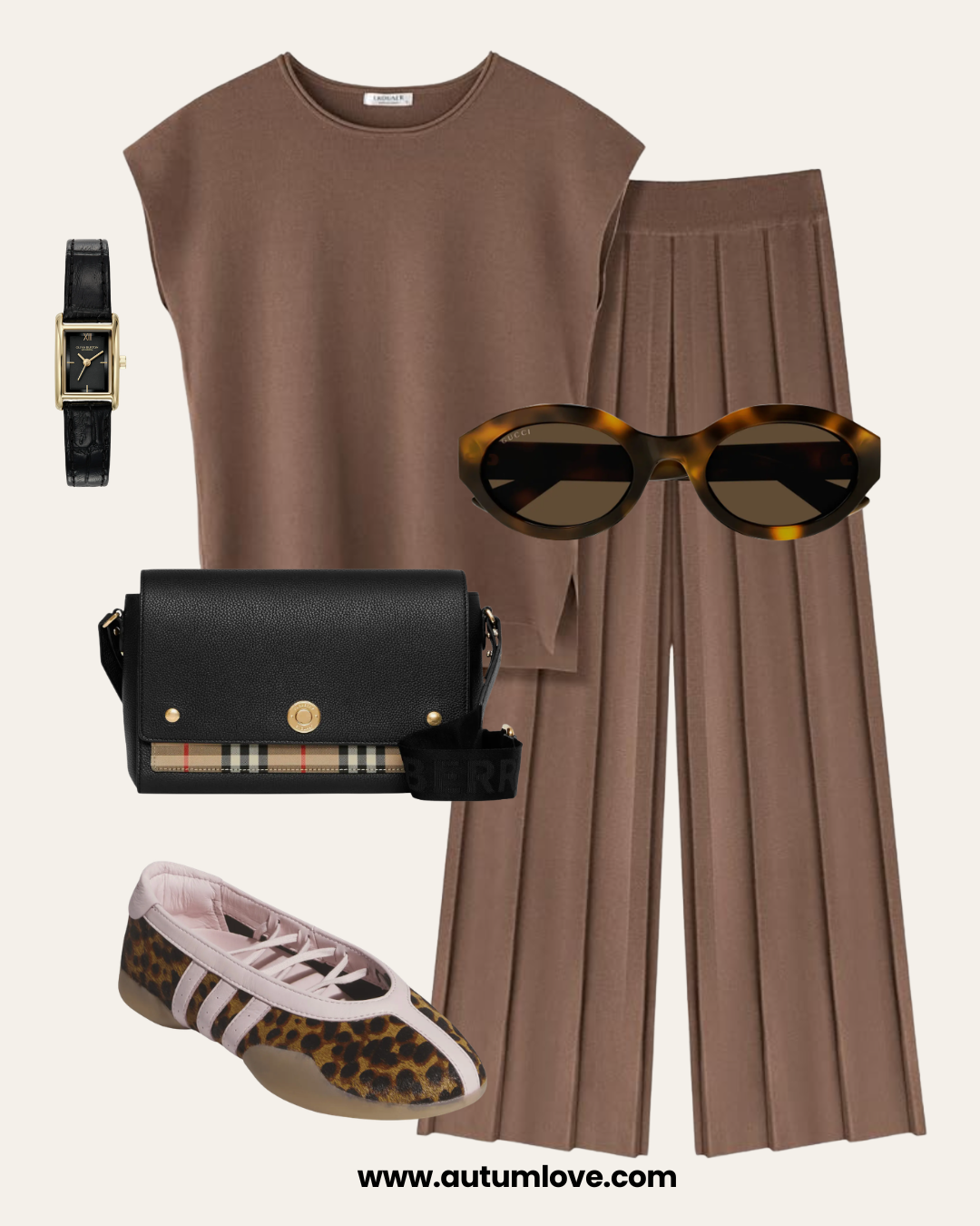 A fashion flat lay for a cozy travel outfit featuring leopard-print sneakerinas, a brown ribbed knit matching set, a black leather crossbody bag, dark tortoiseshell sunglasses, and a gold rectangular watch.