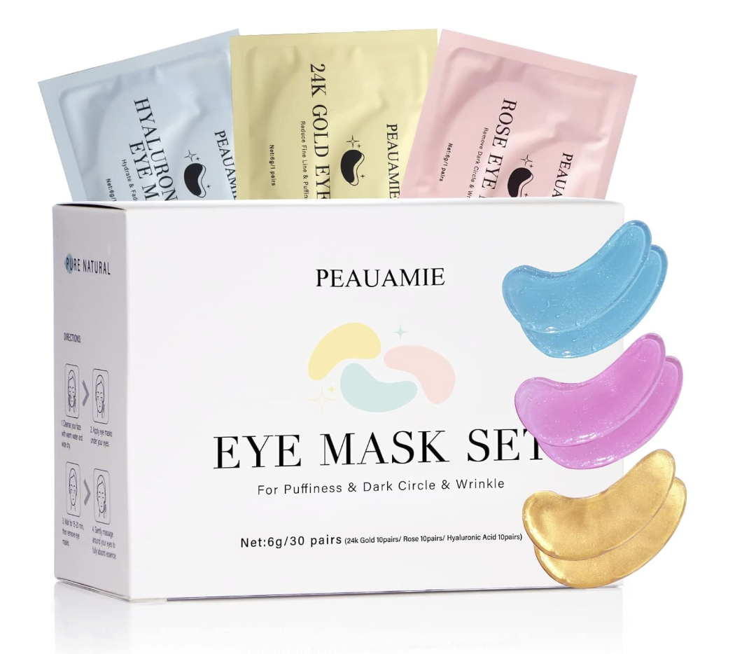 Peauamie Eye Mask Set box showing three different types of under-eye patches: 24K Gold, Hyaluronic, and Rose Eye, with individual sachets displayed behind the packaging.