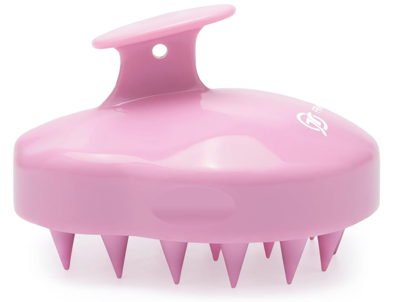 A pink FREATECH Scalp Scrubber with a concave design and thick silicone bristles, ideal for deep cleaning product buildup on natural hair during wash day.