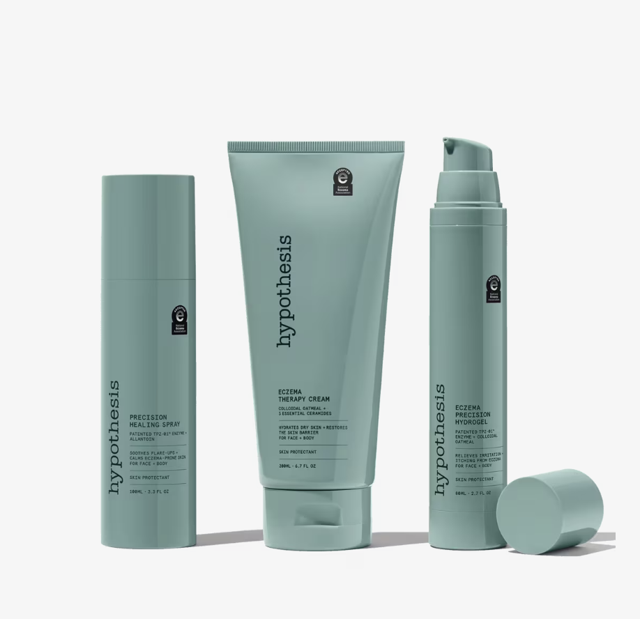 The Hypothesis Complete Eczema Care Set featuring the Precision Healing Spray and Eczema Therapy Cream, used to fix a damaged skin barrier and prep sensitive skin for a smooth makeup application.