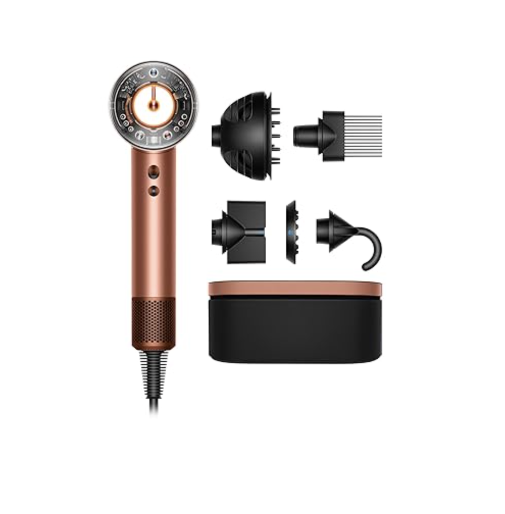Dyson Supersonic Nural hair dryer in patina and topaz with five styling attachments and a matching storage case.