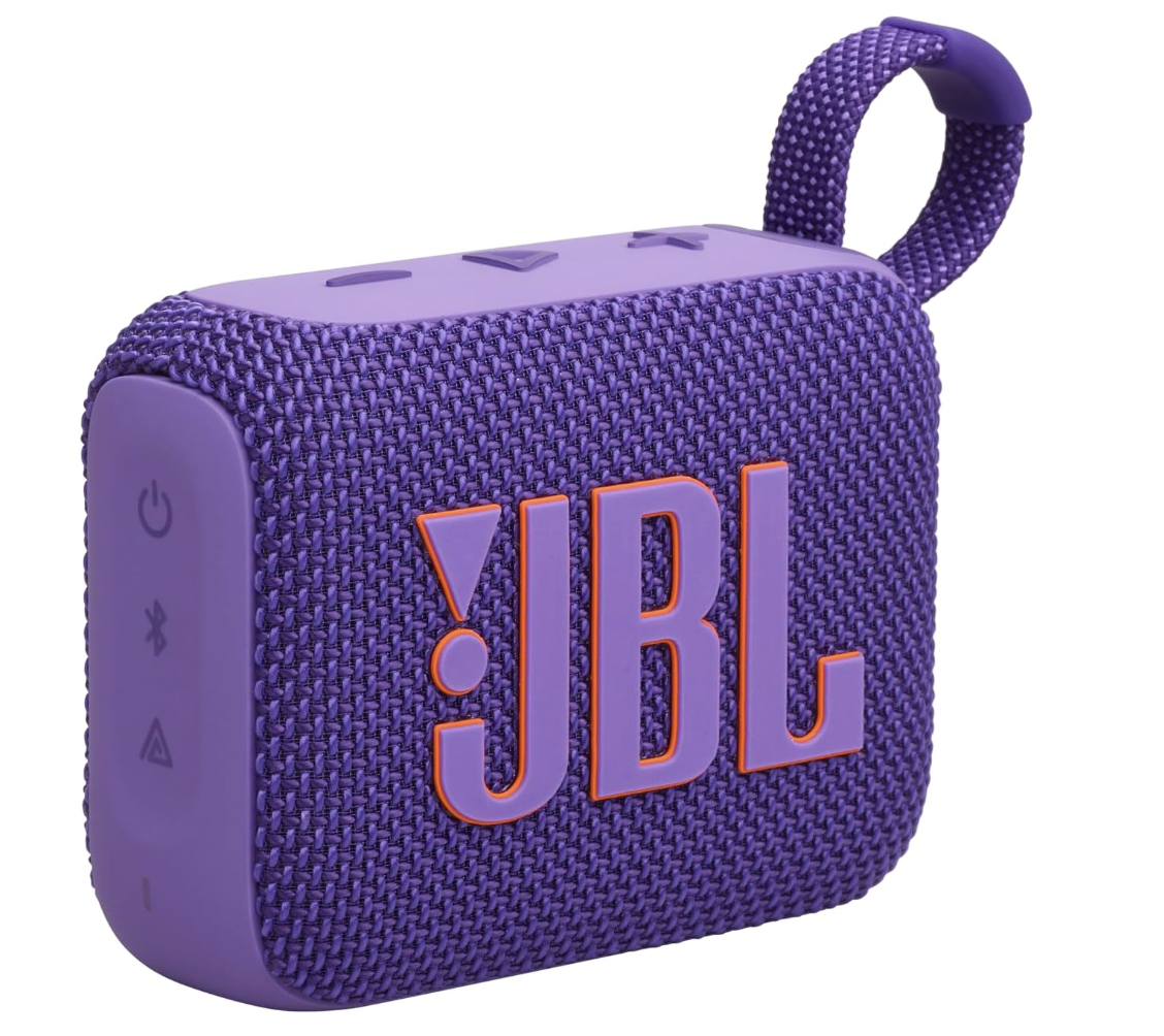 JBL Go 4 portable waterproof Bluetooth speaker in purple with bright orange logo details set against a white background.