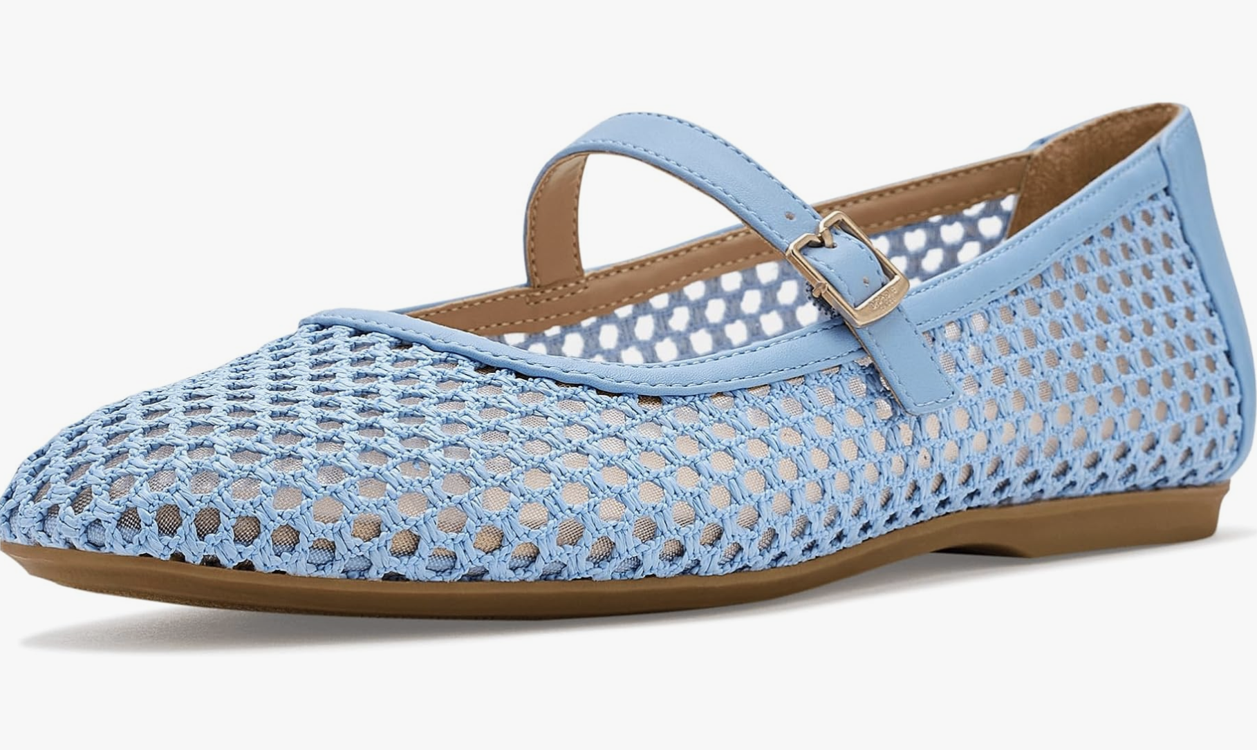 A light blue woven leather Mary Jane flat with a closed almond toe and a tan buckled strap on a transparent background.