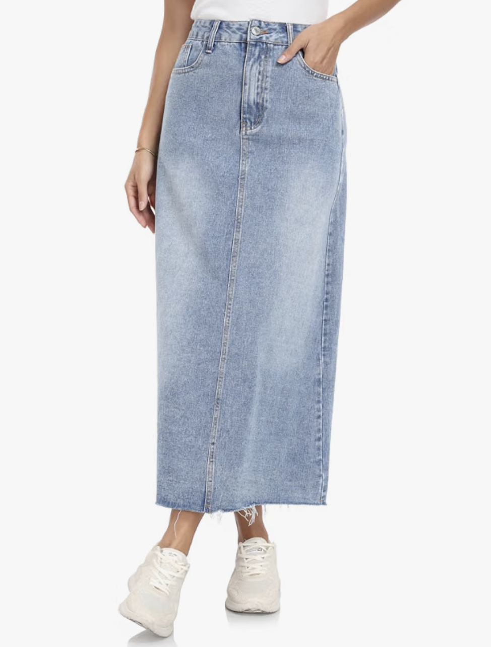 MISS MOLY High-Waisted Denim Midi Skirt in a light wash