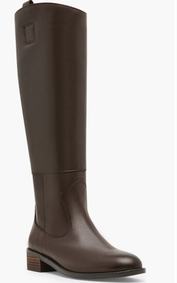 A dark brown leather knee-high boot featuring an almond toe, structured shaft, and a low stacked block heel.