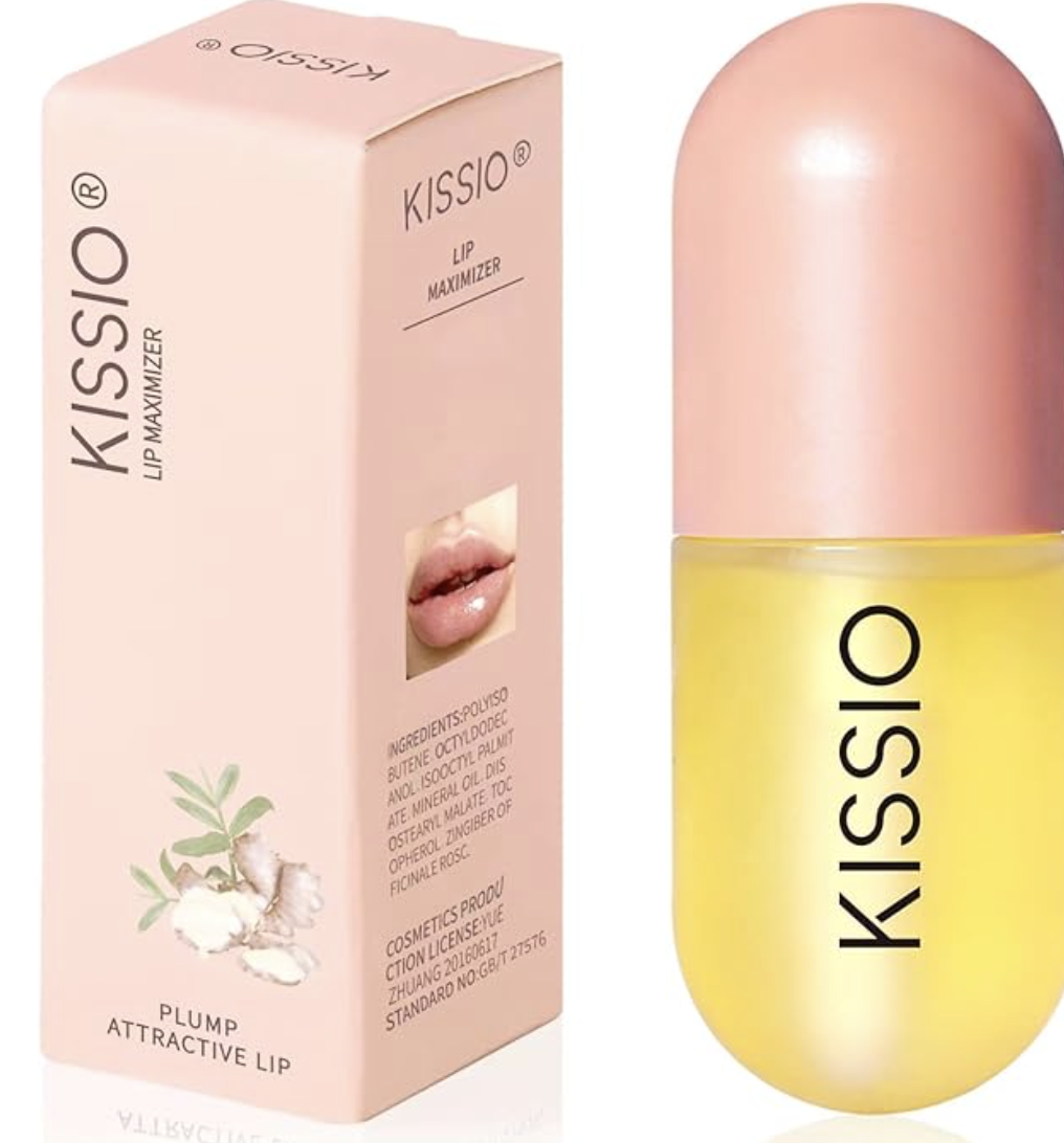 A box and a small capsule-shaped tube of KISSIO Lip Plumper with a yellow tinted formula and a pink cap.