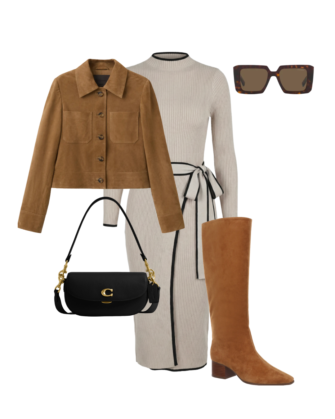 A flat lay featuring a cream ribbed knit column sweater dress styled with a tan cropped suede jacket, tan suede knee-high boots, and a dark brown shoulder bag.
