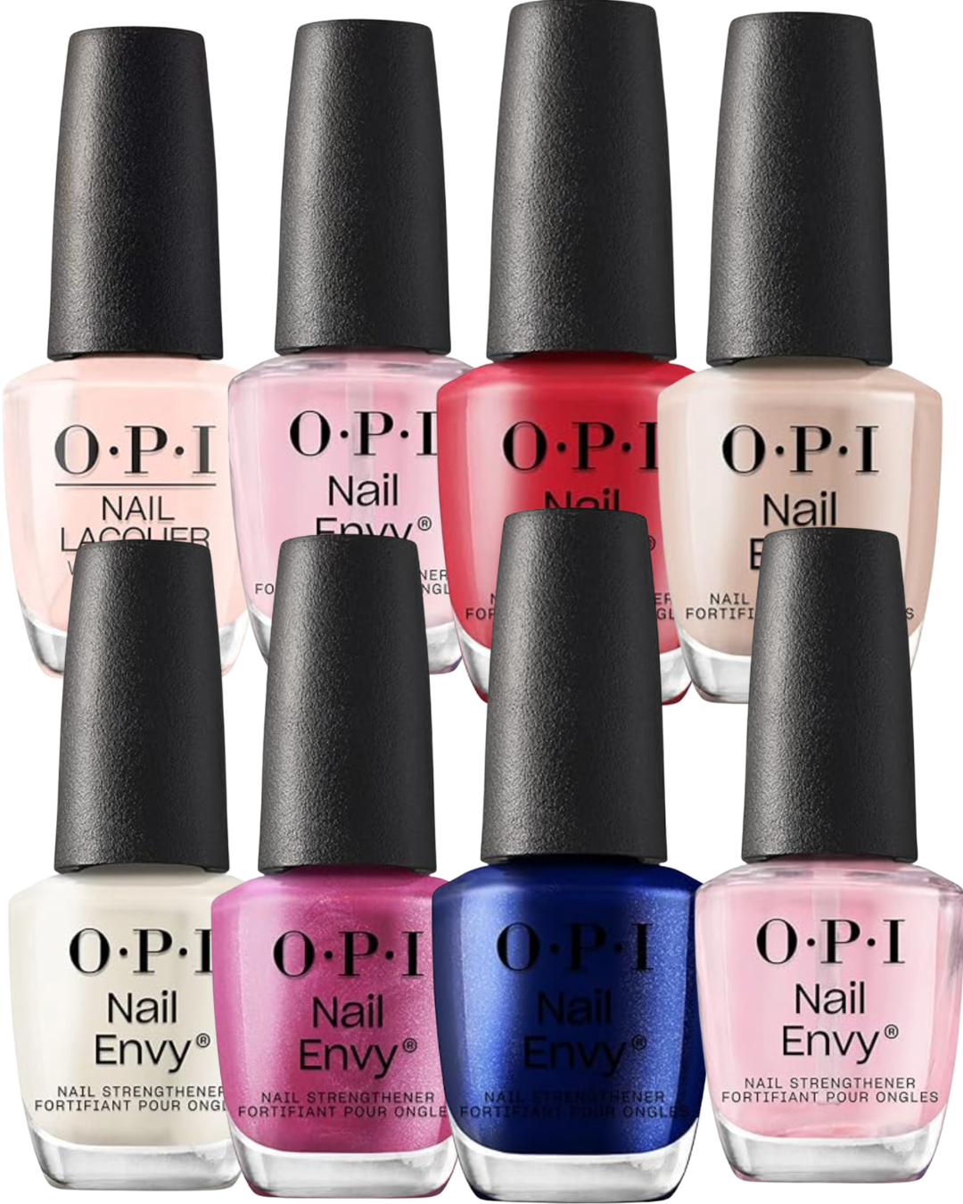 A collection of OPI Nail Envy and Nail Lacquer bottles in shades of pink, red, and blue.