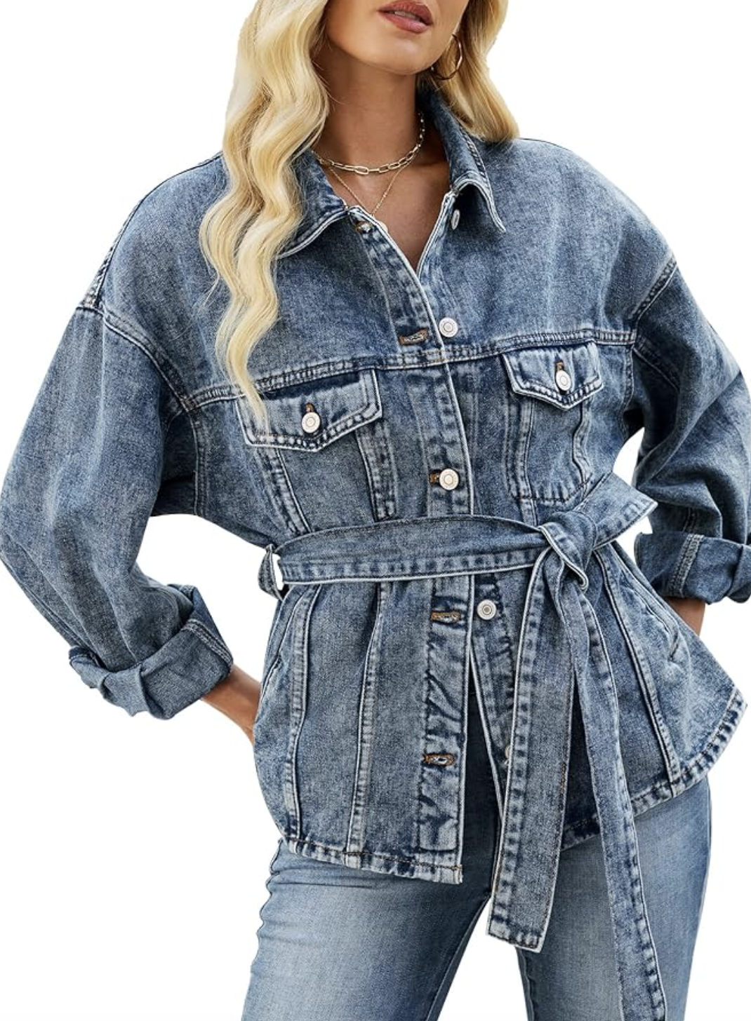 Professional traveler's pick: an Amazon oversized long sleeve denim coat with a belted waist and light wash, styled over jeans for a chic, wrinkle-resistant travel layer.