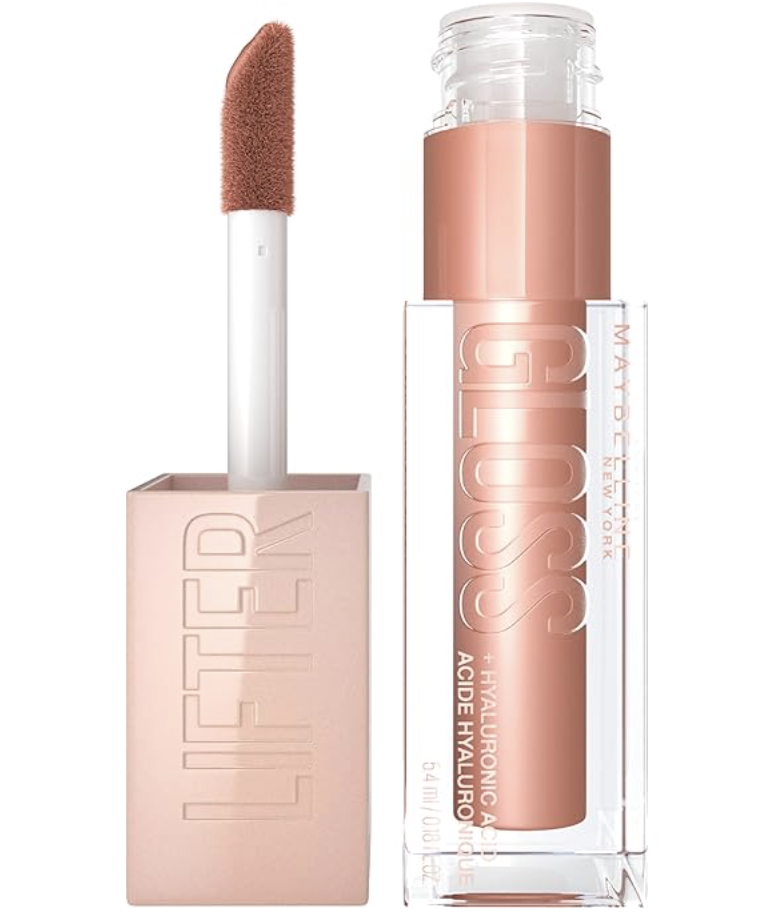 A tube of Maybelline Lifter Gloss in the rosy neutral shade Stone, showing its oversized wand applicator and sleek square packaging.