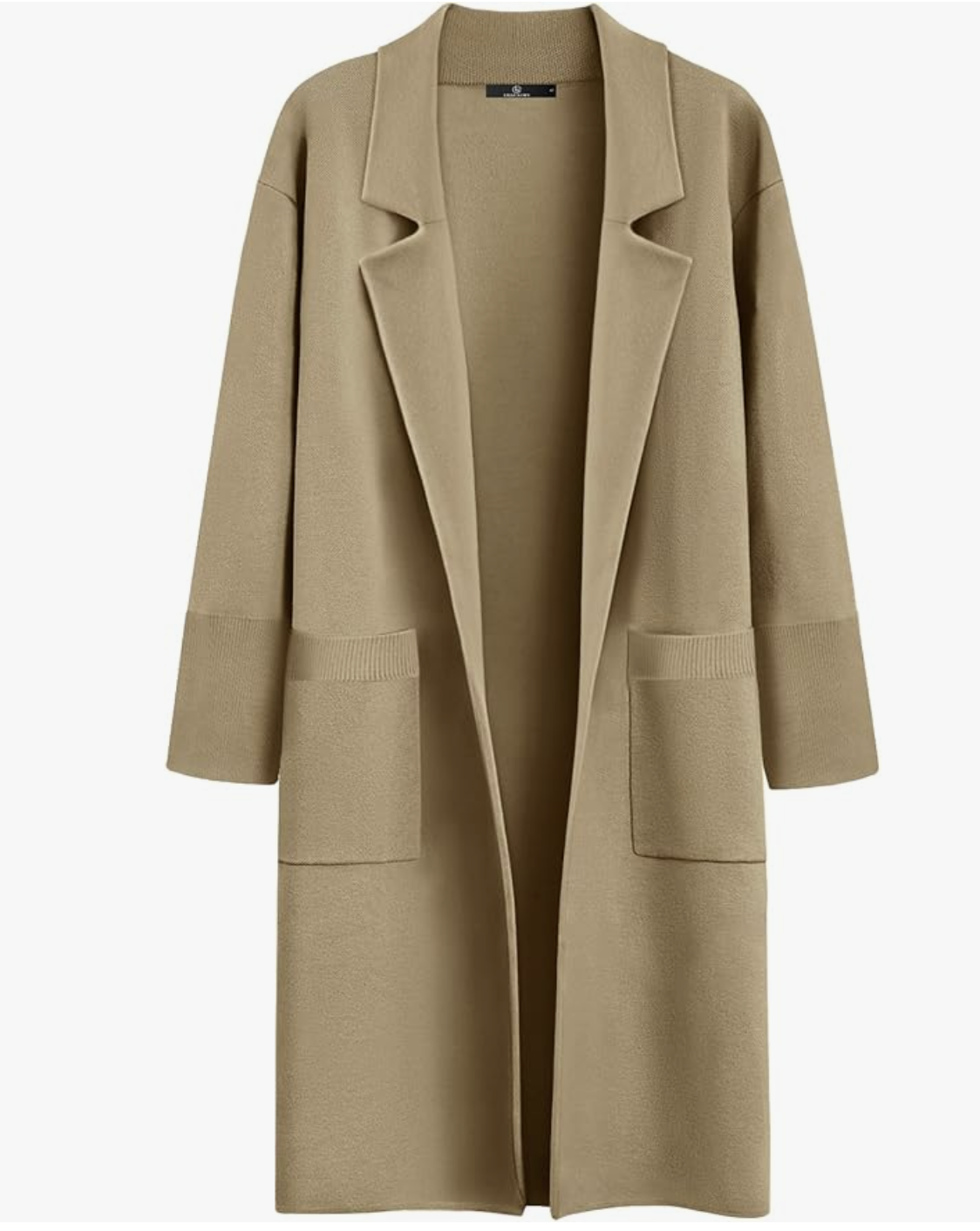 tan, open-front long cardigan sweater with a trench-style lapel and large front pockets, styled as a functional transitional layering piece for spring.