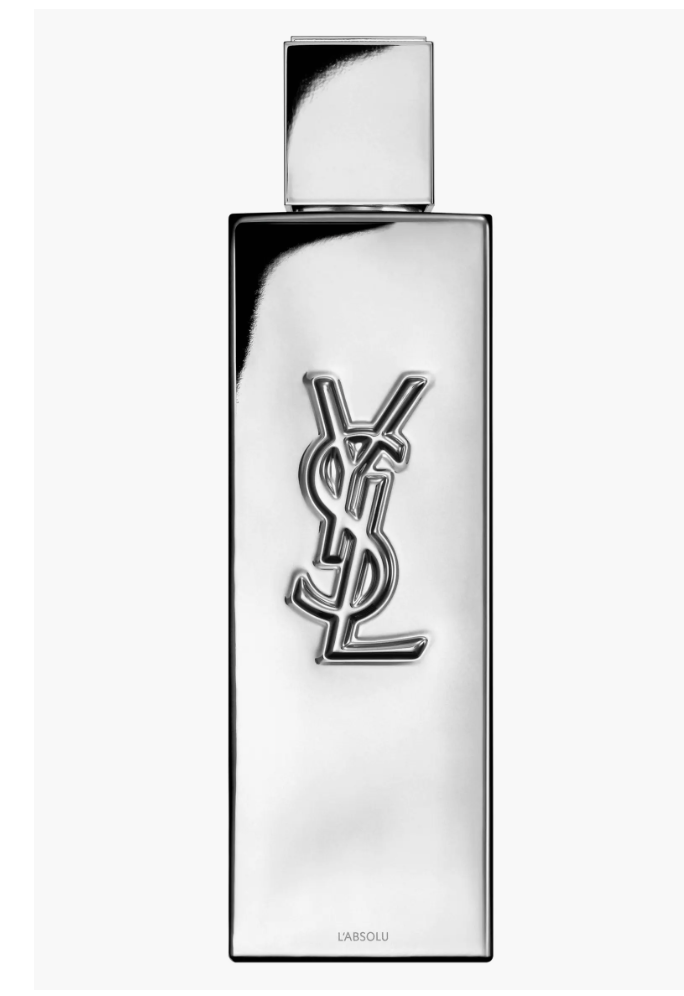 A close-up shot of a luxury bottle of YSL MYSLF Absolu Eau de Parfum for men, featuring its signature sleek metallic silver design and vertical Yves Saint Laurent logo.