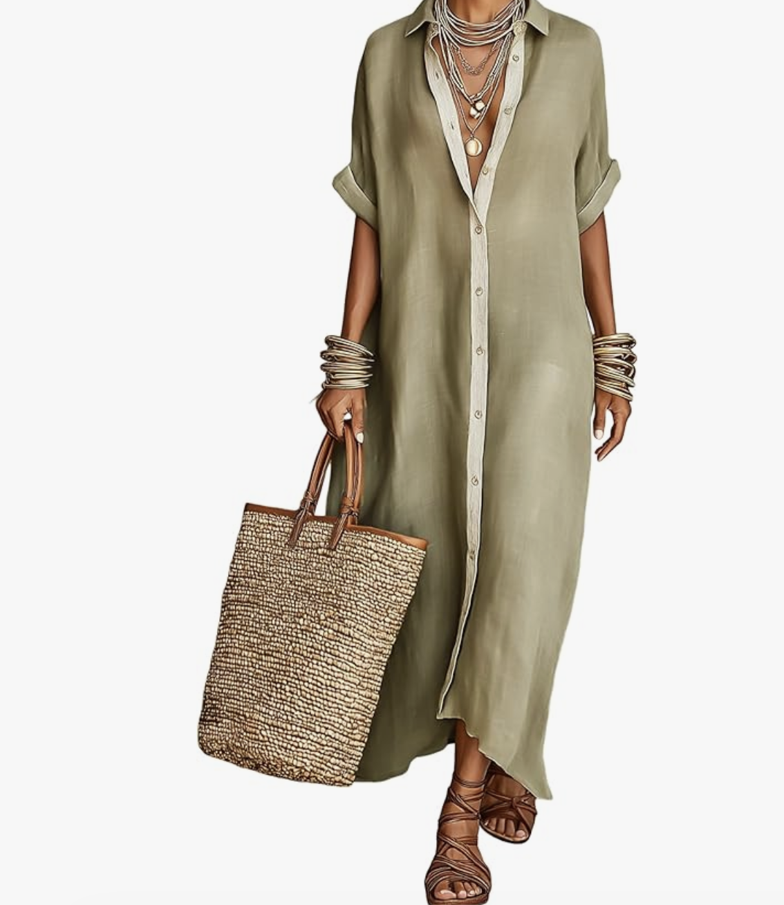 Front view of a woman wearing a loose-fitting, short-sleeve olive green maxi shirt dress with a button-front closure and rolled cuffs, carrying a large straw woven tote bag.