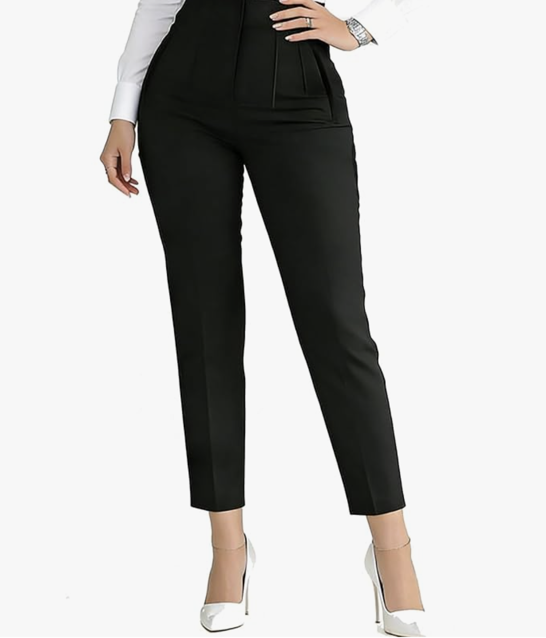 A pair of white high-waisted pleated trousers for women with a wide leg and a clean waistband, styled as a professional outfit to wear with flats for women.