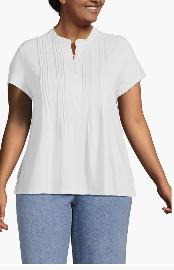 Lands’ End plus-size lightweight jersey pintuck top with button details.