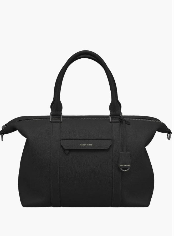 Black leather MAISON de SABRÉ Weekender with a convertible trolley sleeve and top handles.