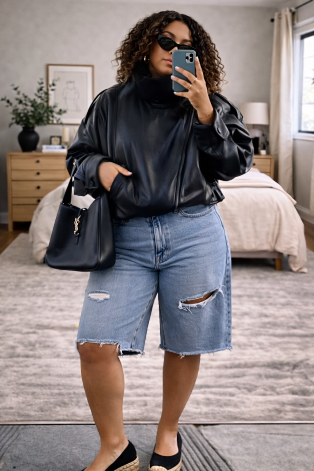 A woman with curly hair wearing a black leather turtleneck jacket, distressed denim Bermuda shorts, and black wrap-around espadrille sandals.