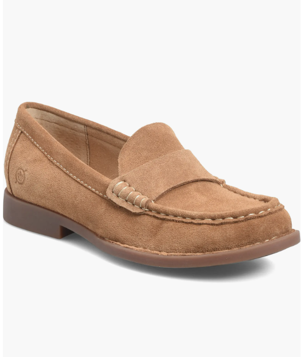 A close-up shot of a classic brown leather loafer with traditional moc-toe stitching, a versatile shoe choice for a fall capsule wardrobe.