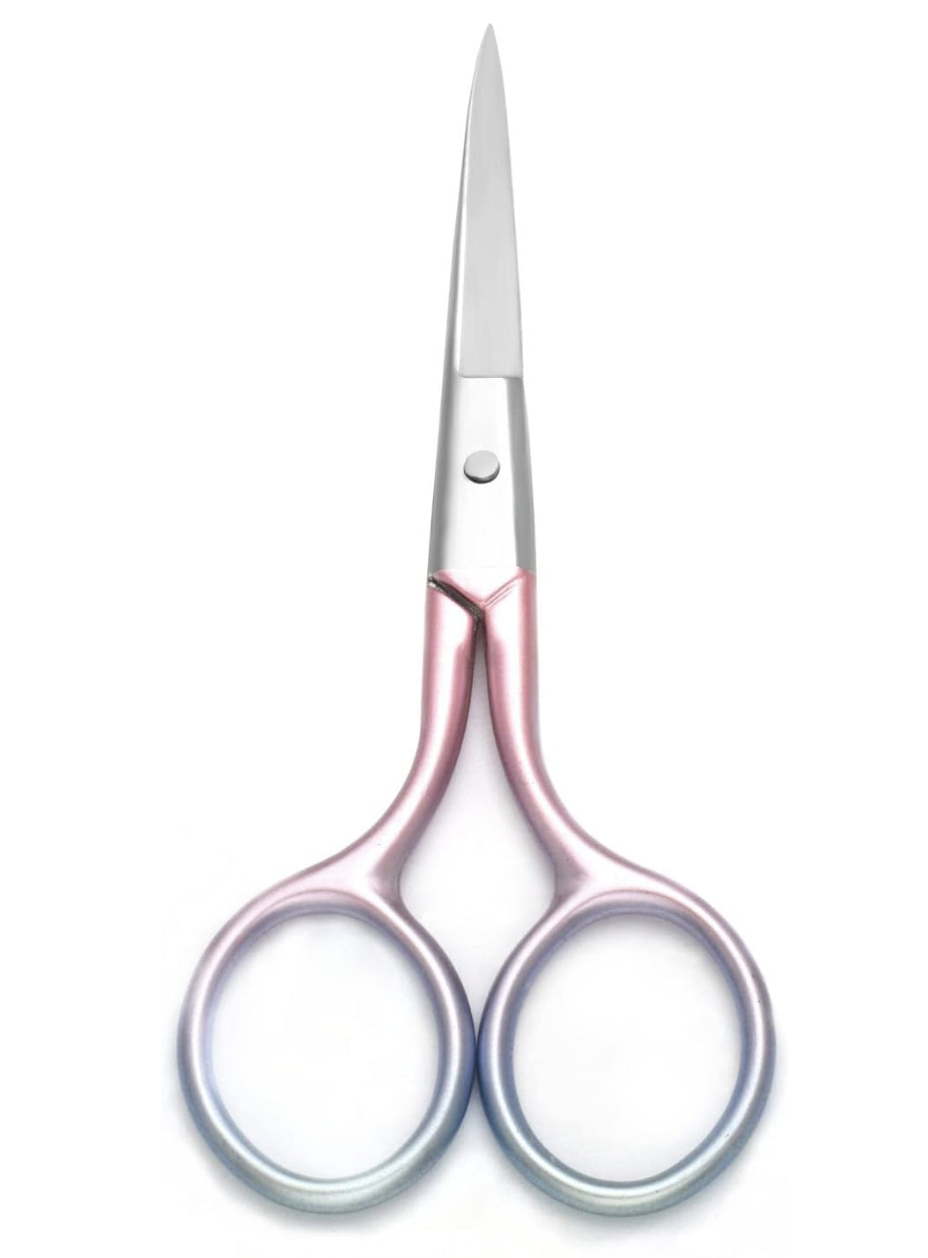 Motanar stainless steel grooming scissors with pink-to-blue ombre handles.