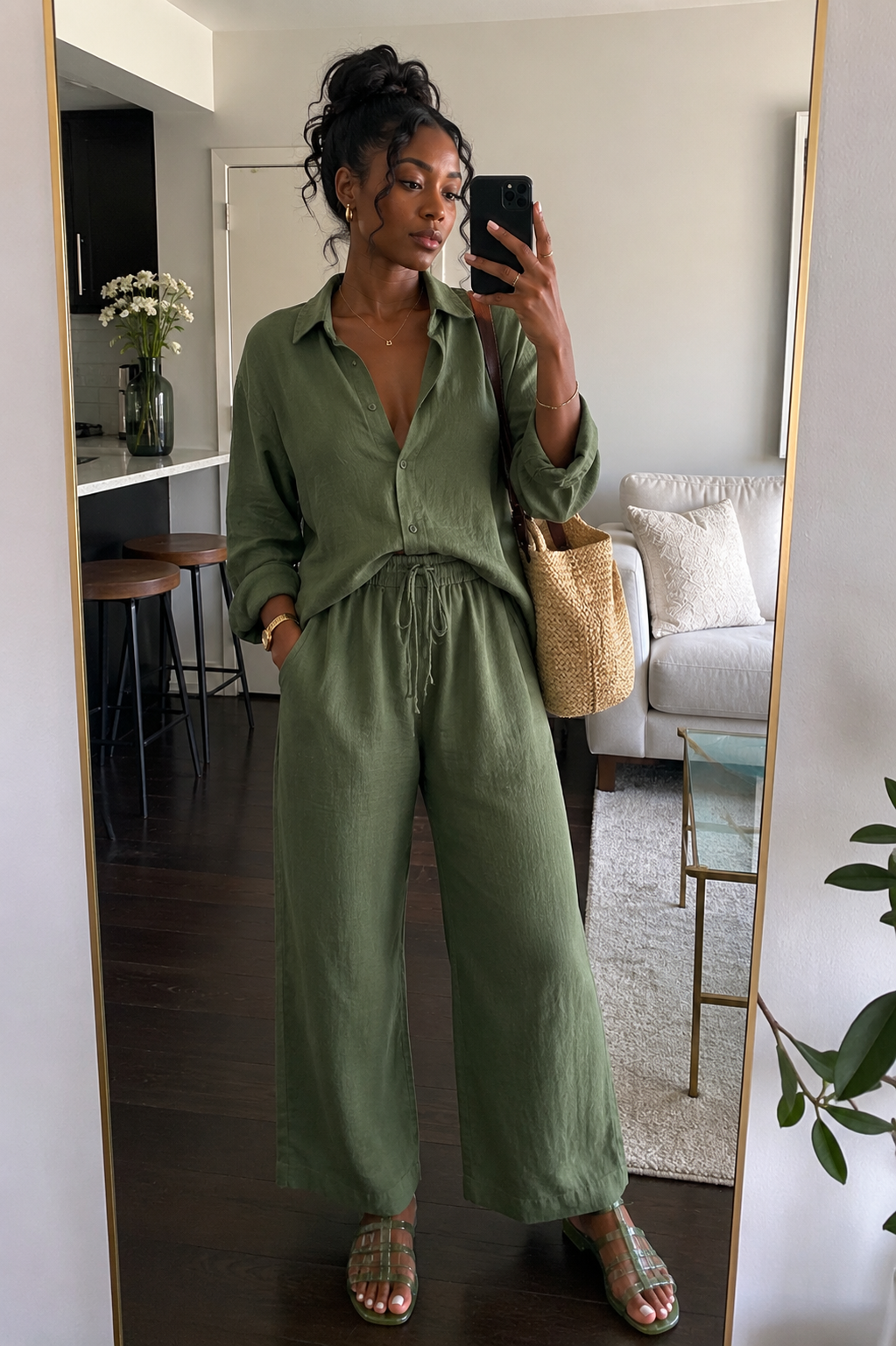 A mirror selfie of a woman wearing a relaxed olive green linen matching set featuring a button-down shirt and high-waisted drawstring trousers paired with a woven shoulder bag.