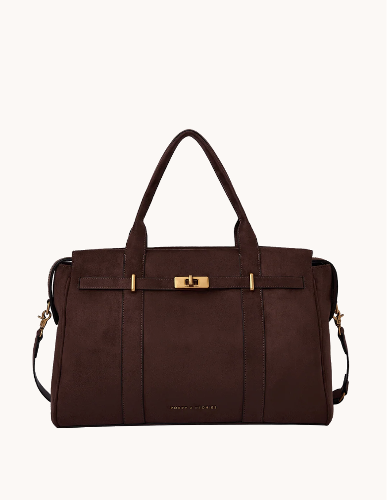 Poppies & Peonies structured tote in dark chocolate brown suede with a gold turn-lock and detachable shoulder strap.