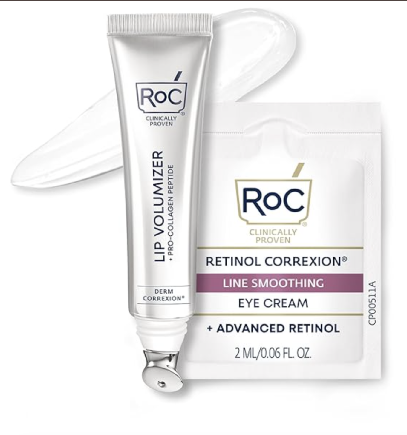 A dual-ended RoC Derm Correxion Lip Volumizer treatment tube with a white applicator side and a clear gloss side, shown against a clean white background.