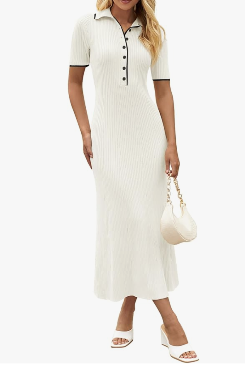 A woman wearing a cream-colored short-sleeve ribbed knit polo midi dress with a button-down collar and a side slit.