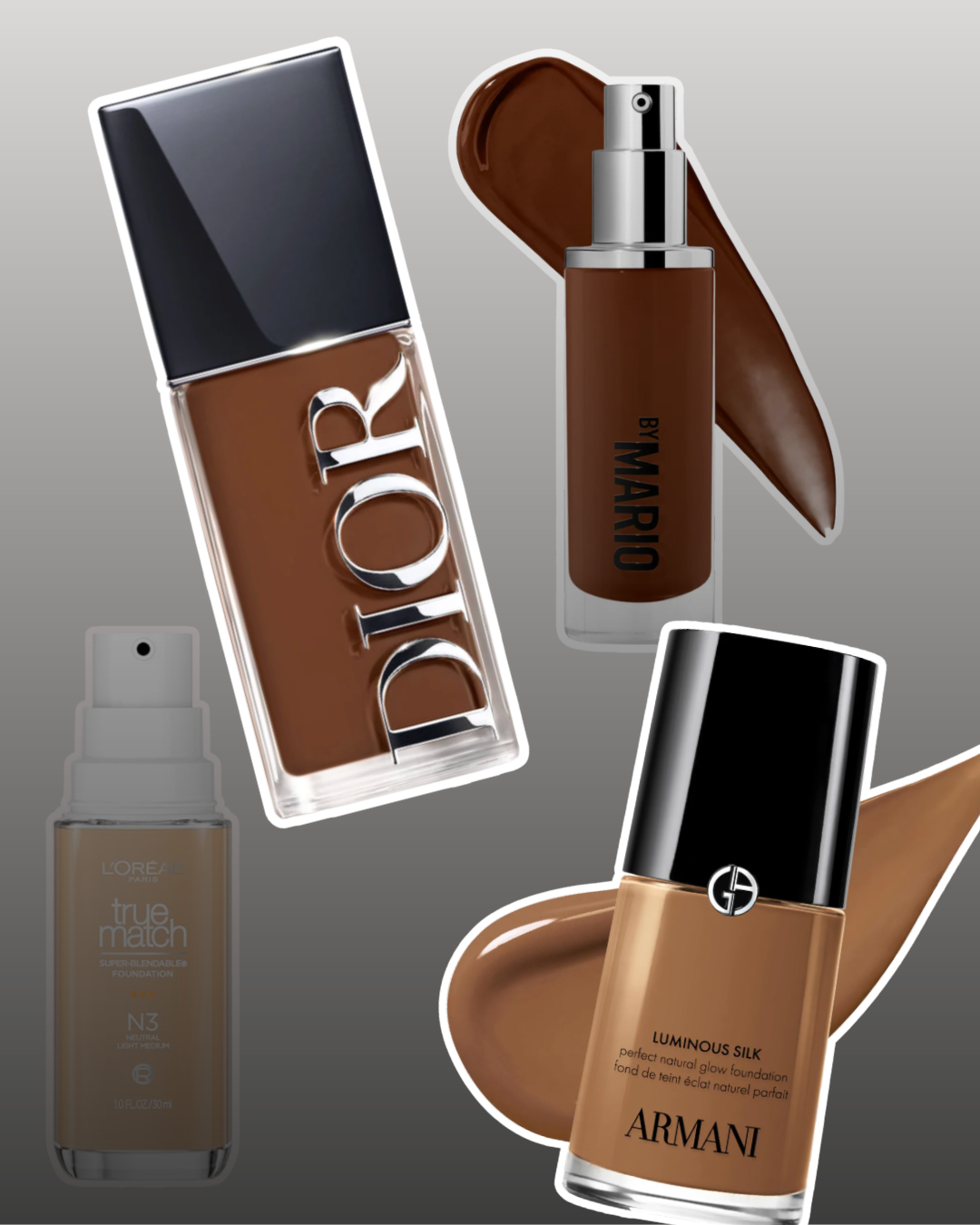 A curated selection of hydrating luxury and drugstore foundations for mature skin over 60, featuring Dior Forever Skin Glow, L'Oréal True Match, Armani Luminous Silk, and Makeup by Mario SurrealSkin.