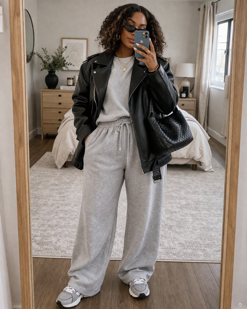 A woman taking a mirror selfie wearing an oversized cream cable-knit sweater with light-wash blue jeans, illustrating how to wear bulk with intentionality.