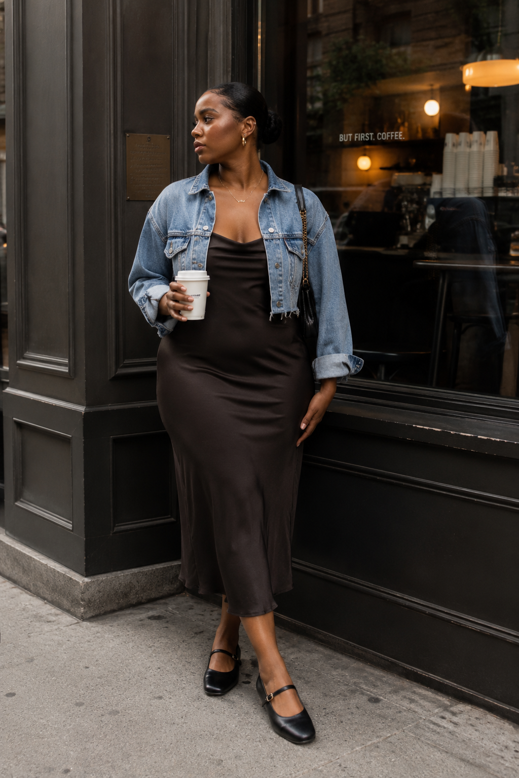 A woman holding a coffee cup, wearing a classic black slip dress layered with a cropped blue denim jacket and styled with black Mary Jane flats.