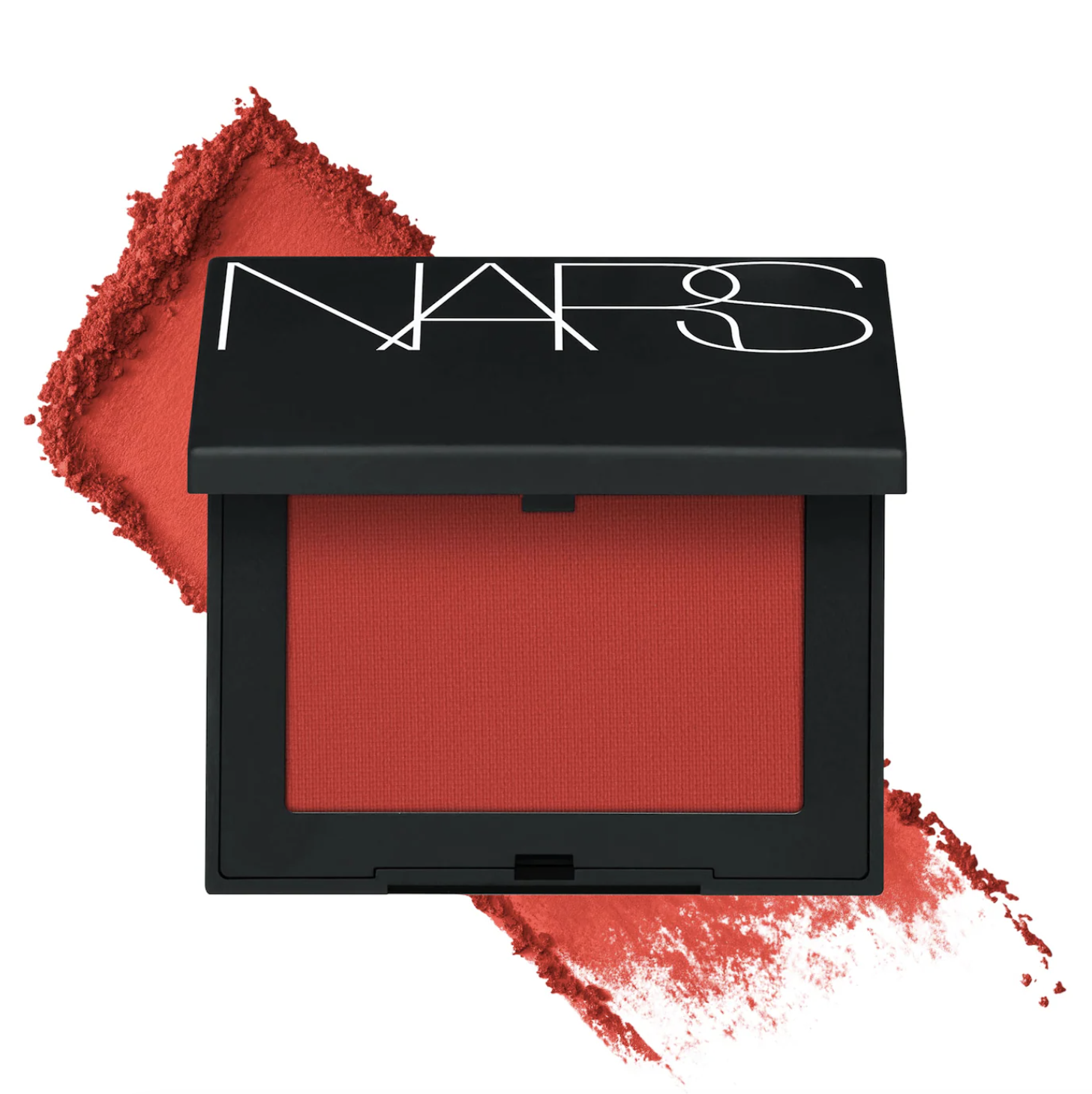 NARS Powder Blush in the shade Exhibit A, showing a bright, matte red pressed powder in a sleek black compact with a vibrant powder smudge detail