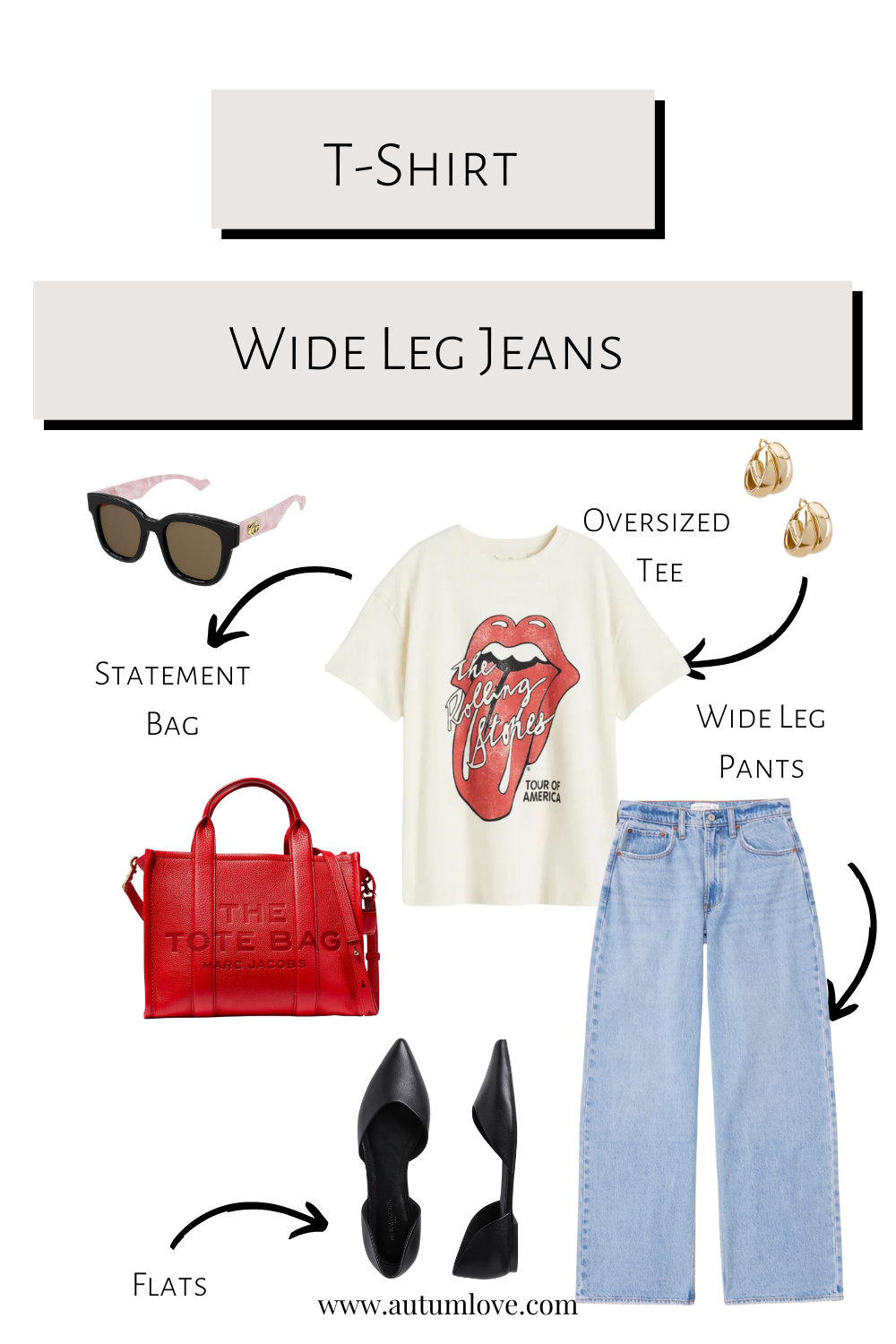 tylist outfit guide featuring an oversized Rolling Stones graphic t-shirt tucked into wide-leg jeans, styled with statement sunglasses and gold jewelry.