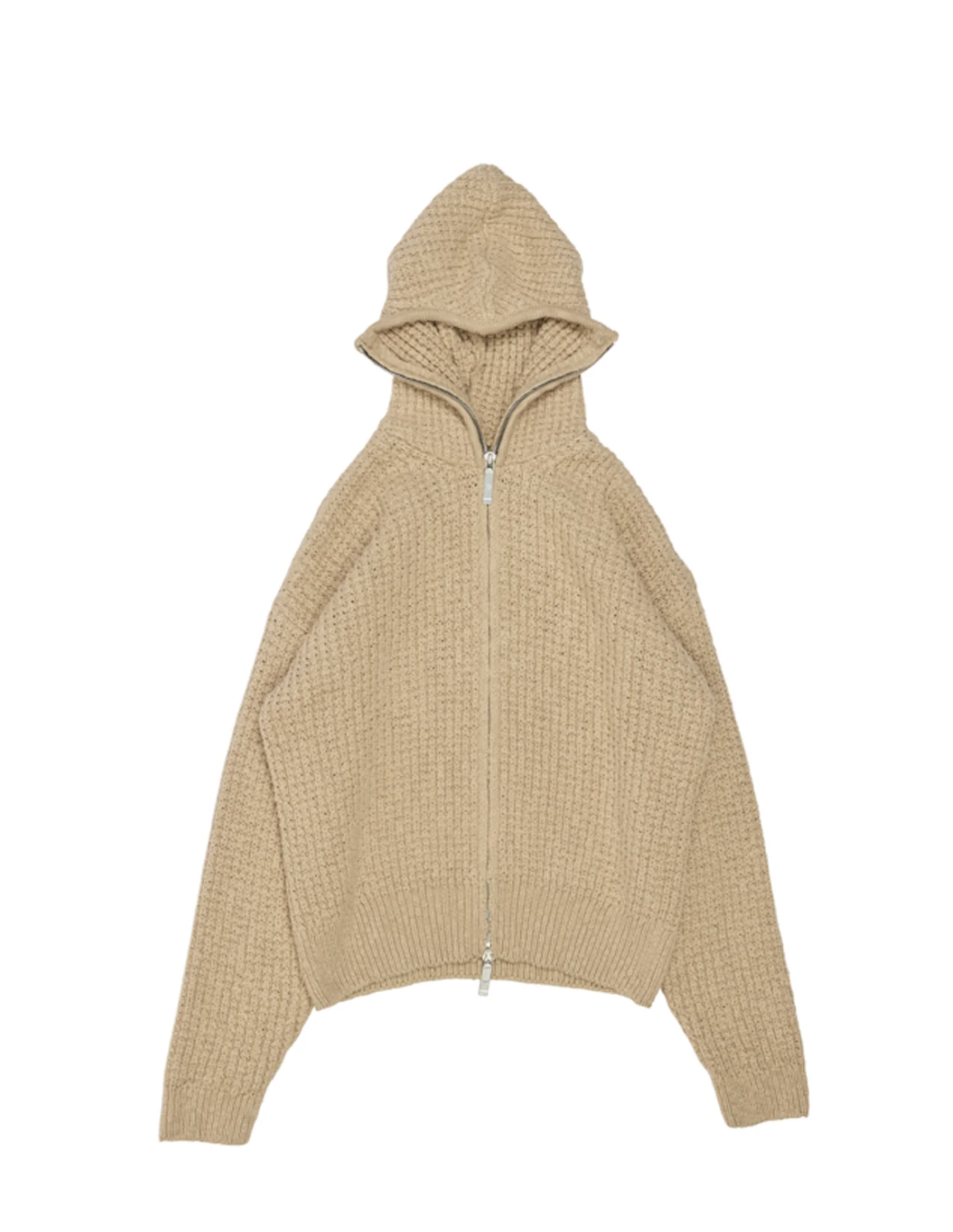 Beige VIVET knit sweater with a pointed balaclava-style hood and front zipper.