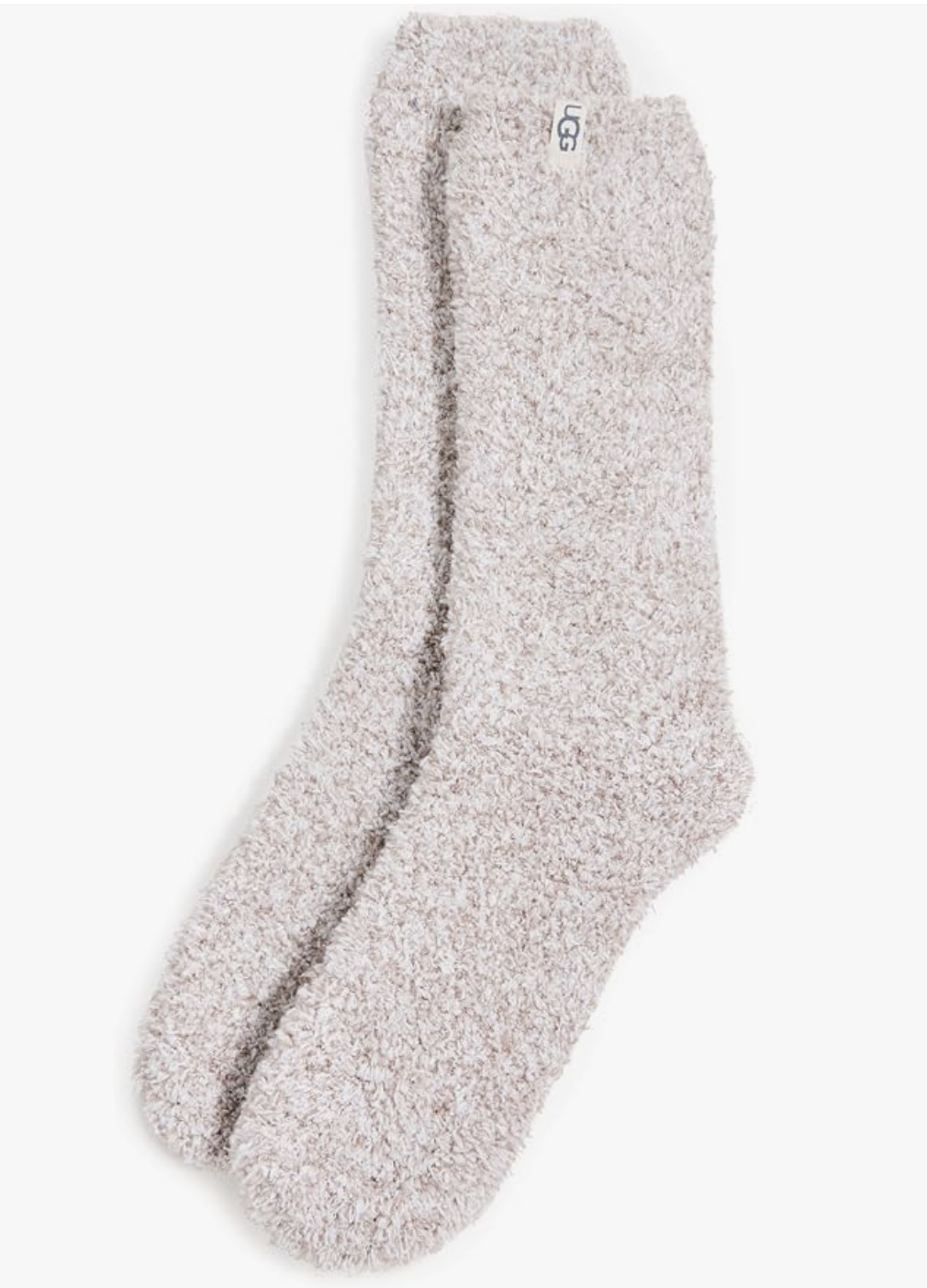 Pair of UGG Darcy cozy socks in light grey textured plush fabric set against a white background.