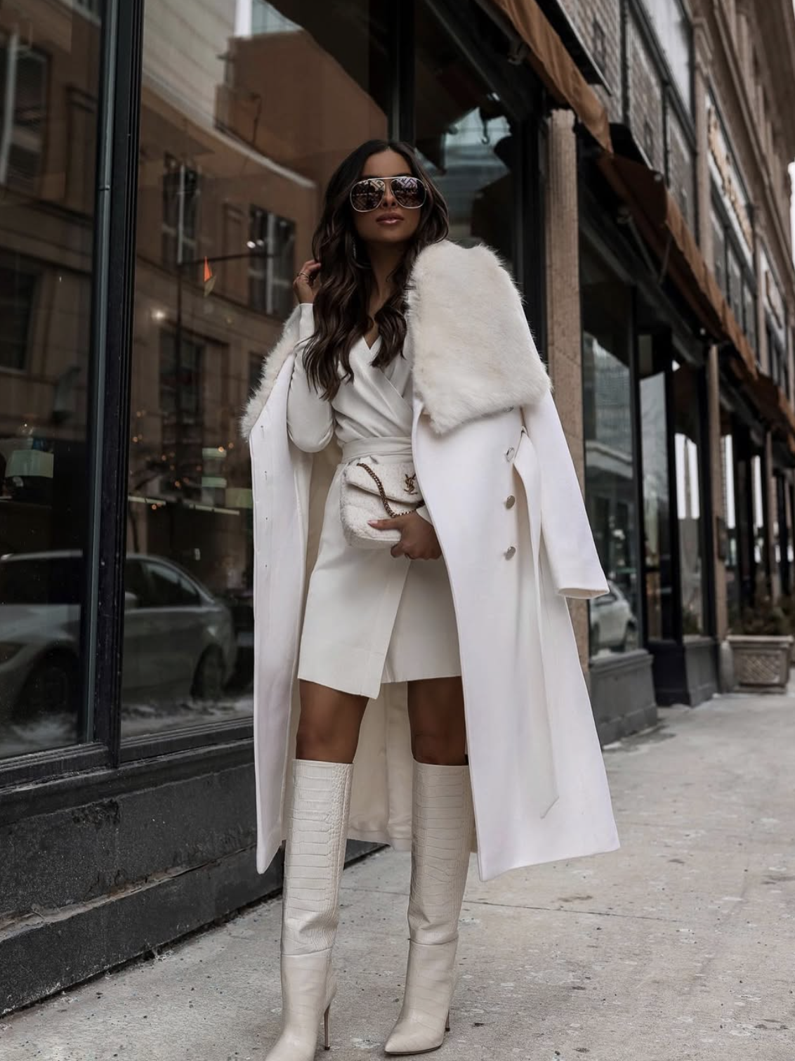 Full-length mini dress heeled knee boots outfit showing the complete boot shaft and shoes