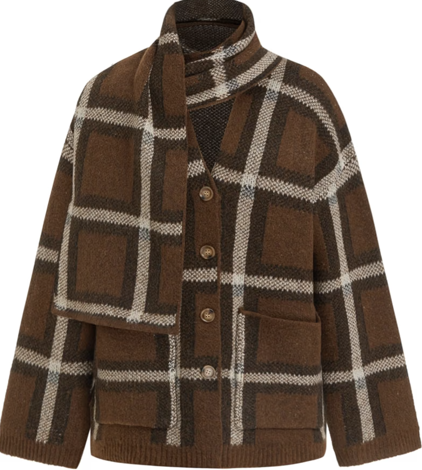 CIDER Oversized Plaid Cardigan With Attached Scarf, product photo.