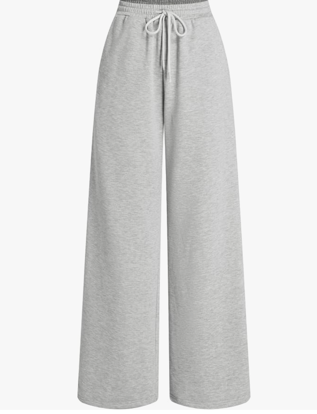 A pair of grey high-waisted wide leg sweatpants from Amazon, styled with a bodysuit to balance proportions and provide comfort for a big belly.
