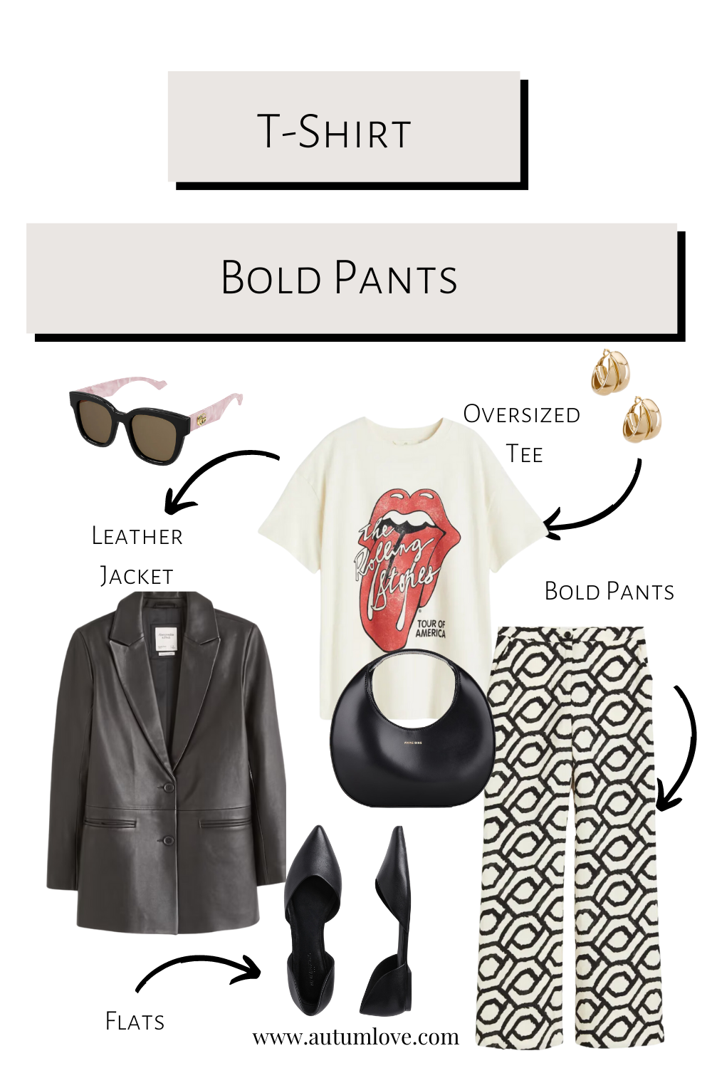 Stylist outfit guide featuring a white graphic t-shirt paired with black and white geometric patterned trousers, a black leather blazer, and pink sunglasses.